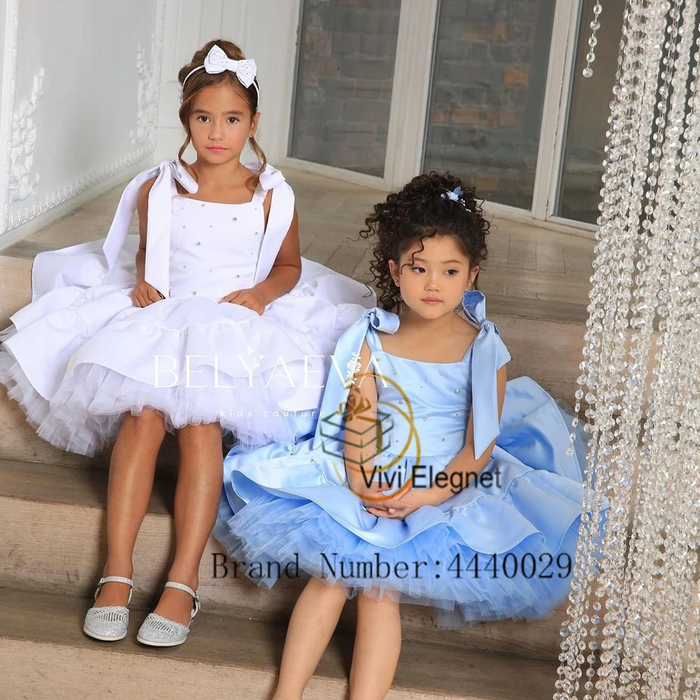 Vestidos blancos de flores mullidos para niña, vestidos de fiesta de boda sin mangas con tirantes finos, tutú hasta la rodilla