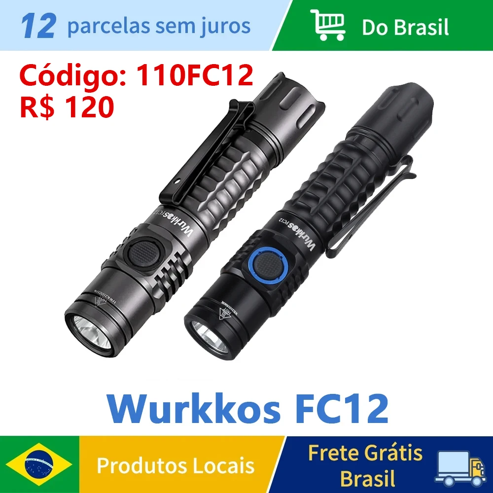 [Brazil Stock] Wurkkos FC12 Rechargeable Tactical Flashlight LED 18650 SFT40 2000lm ATR USB-C IPX8 EDC Camping Lighting