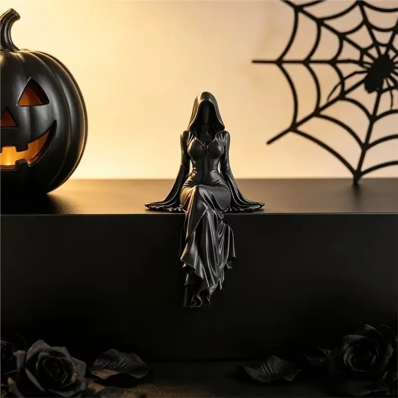 AC23-Mysterious Statue Bookshelf Decor-Lady Reaper-Ethereal Hooded Figure Sculpture Sitting Halloween Home Decoration