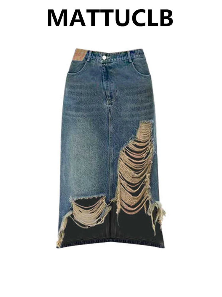 Dames 2000-talige midi-rok gescheurde denim rokken Kpop feest Y2k High Street Amerikaanse retro Koreaanse mode design Gyaru trend nieuw binnen