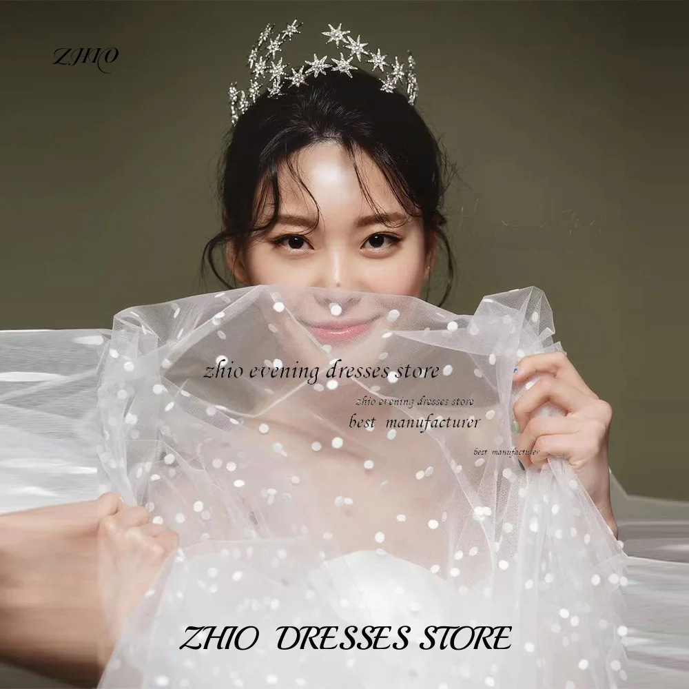 ZHIO Weißes koreanisches Hochzeitskleid in A-Linie aus Tüll mit Herzausschnitt, kurzen Blasenärmeln, individuelle Rückseite, bodenlang, Hochzeitsschießen