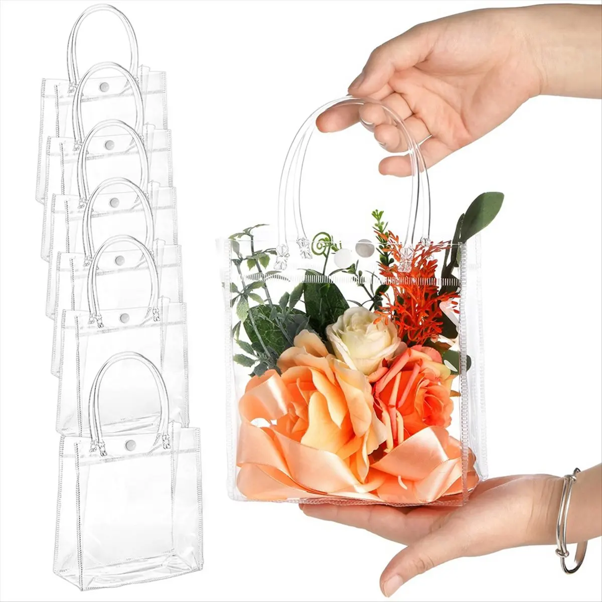 A08I 50 Pcs Clear Gift Bags with Handles Reusable Plastic Bags Transparent Candy Bags Gift Wrap Bags Tote Bag 15x20x7cm
