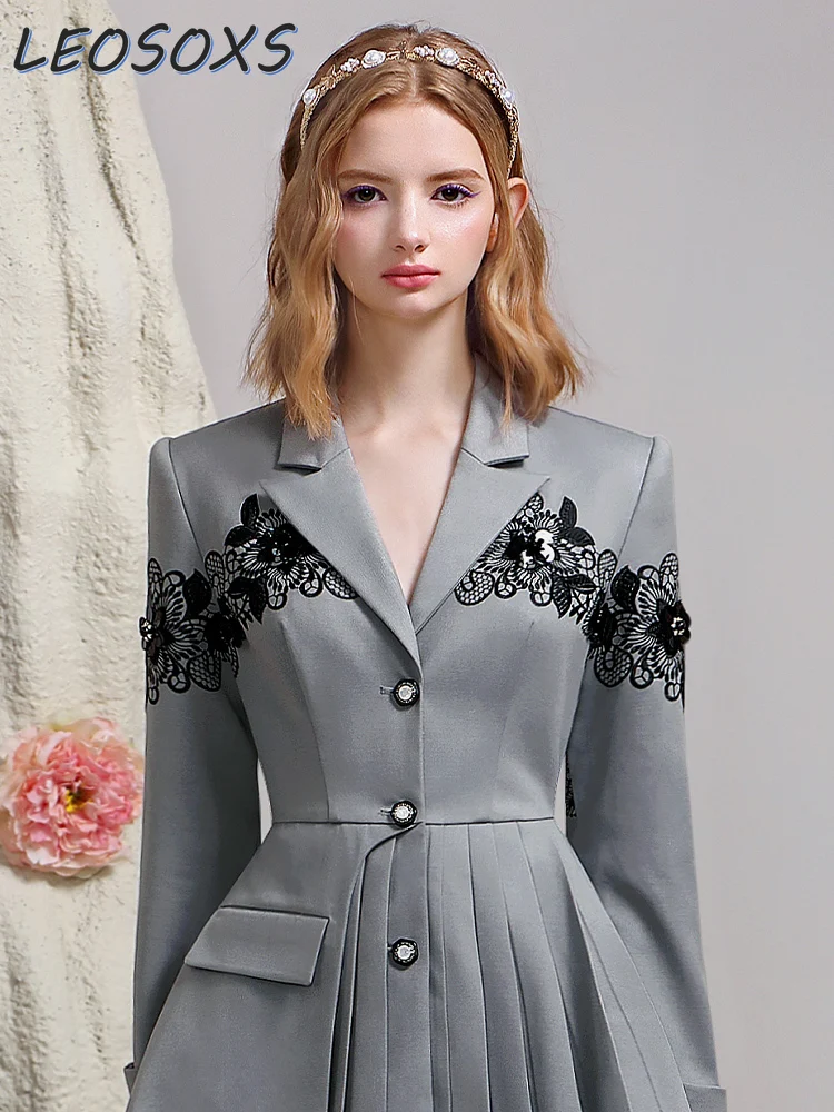 Hot Sale Gray Suit Collar Commuter Women Dresses 2024 Spring New Fashion Spike Flower Elegant Waist Slimming Dress Office Lady