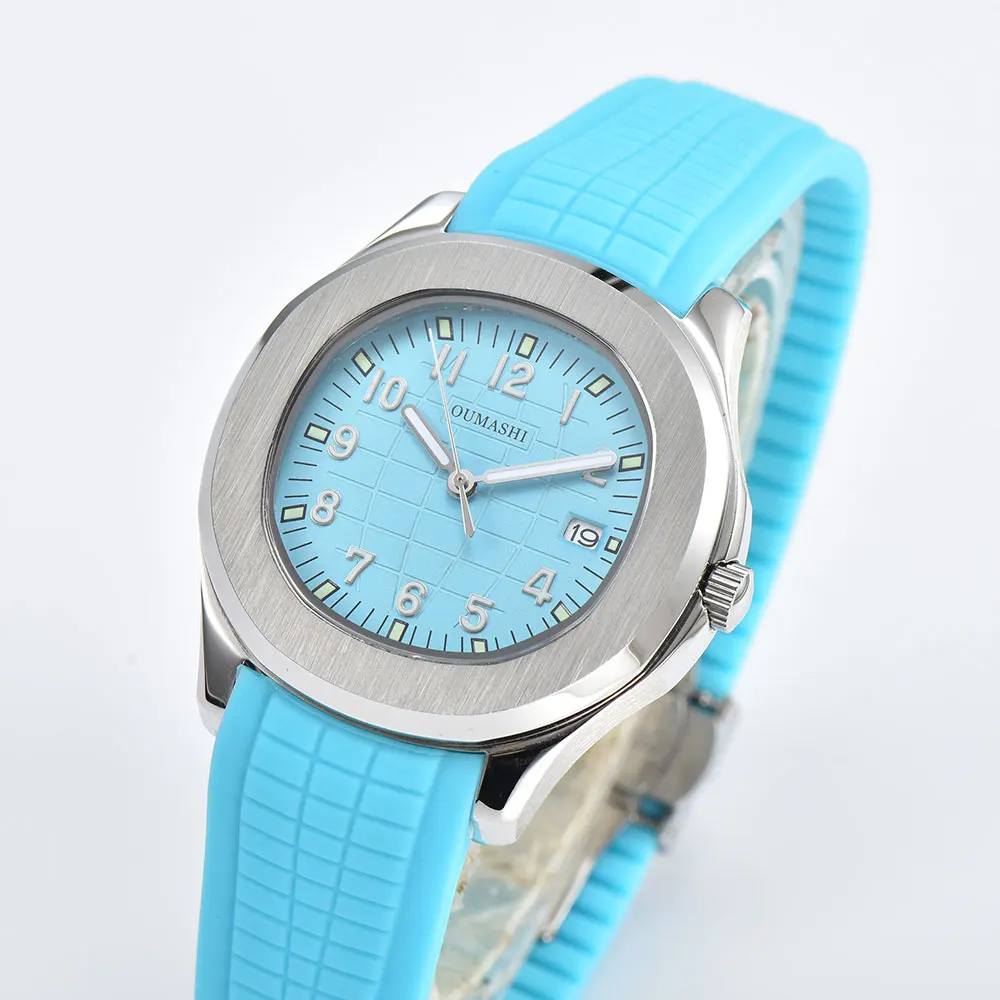 Relógio masculino prateado 42mm, movimento nh35, relógio mecânico automático, vidro de safira, pulseira de borracha, relógio à prova d'água para homens de negócios