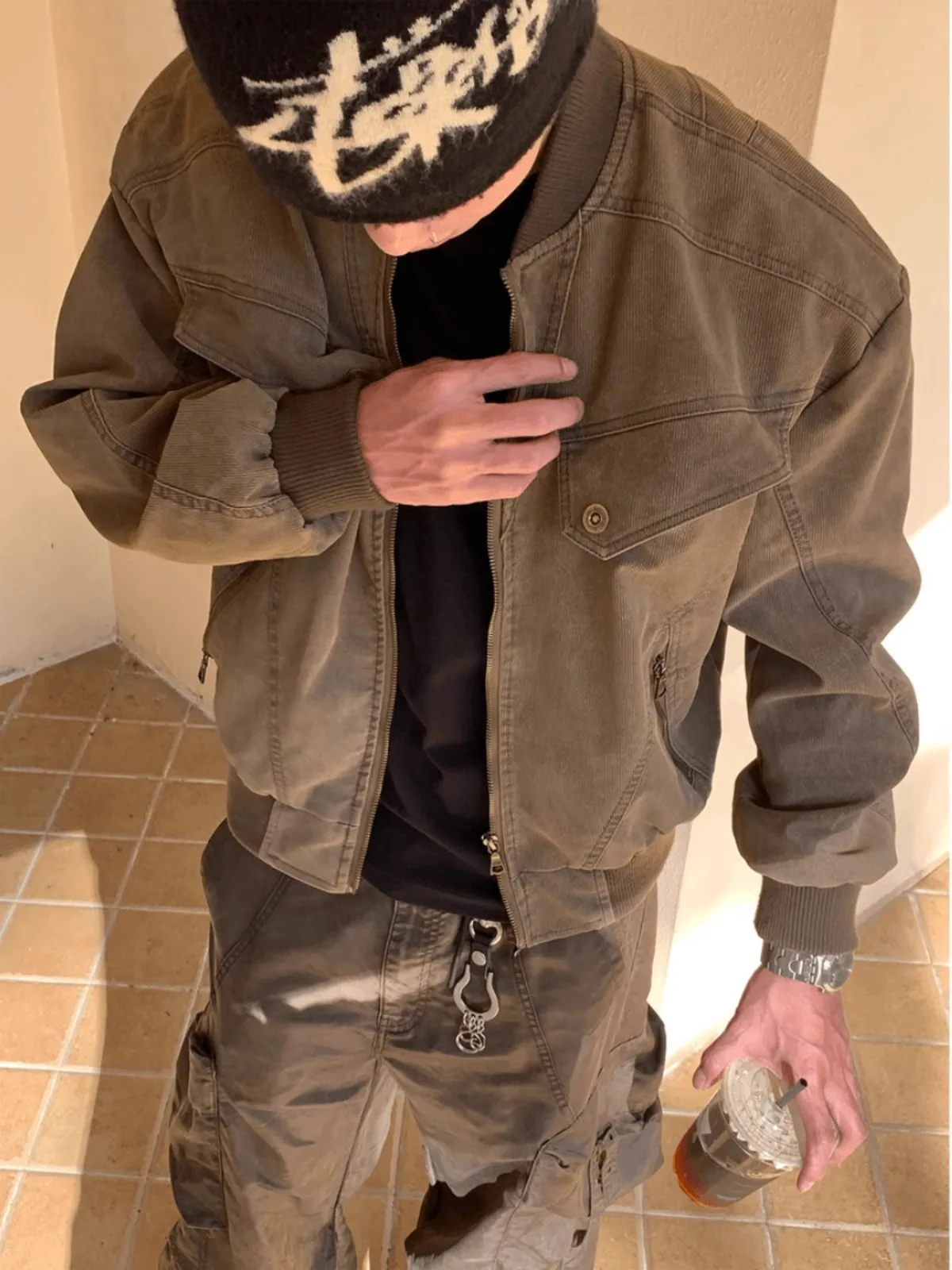 

Brown ort Workwear Jaet Men's Spring Autumn Waed Baseball Sle American Retro Harrington Coat Loose Fit Youth Trend