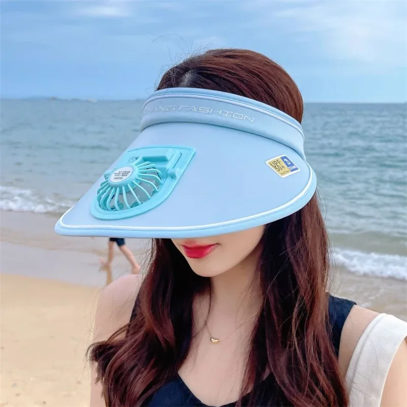 Summer UV Protection Visor Women Beach Hat 3-speed Regulation Electric Fan Empty Top Hat Holiday Sunshade Bicycle Sun Hat