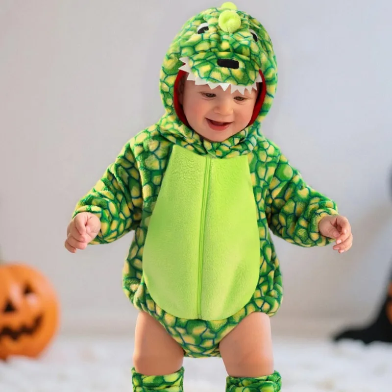 Newborn Baby Green Dinosaur Romper Hooded Bodysuit Animal Costume Jumpsuit Onesie Toddler Plush Warm Winter Playsuit