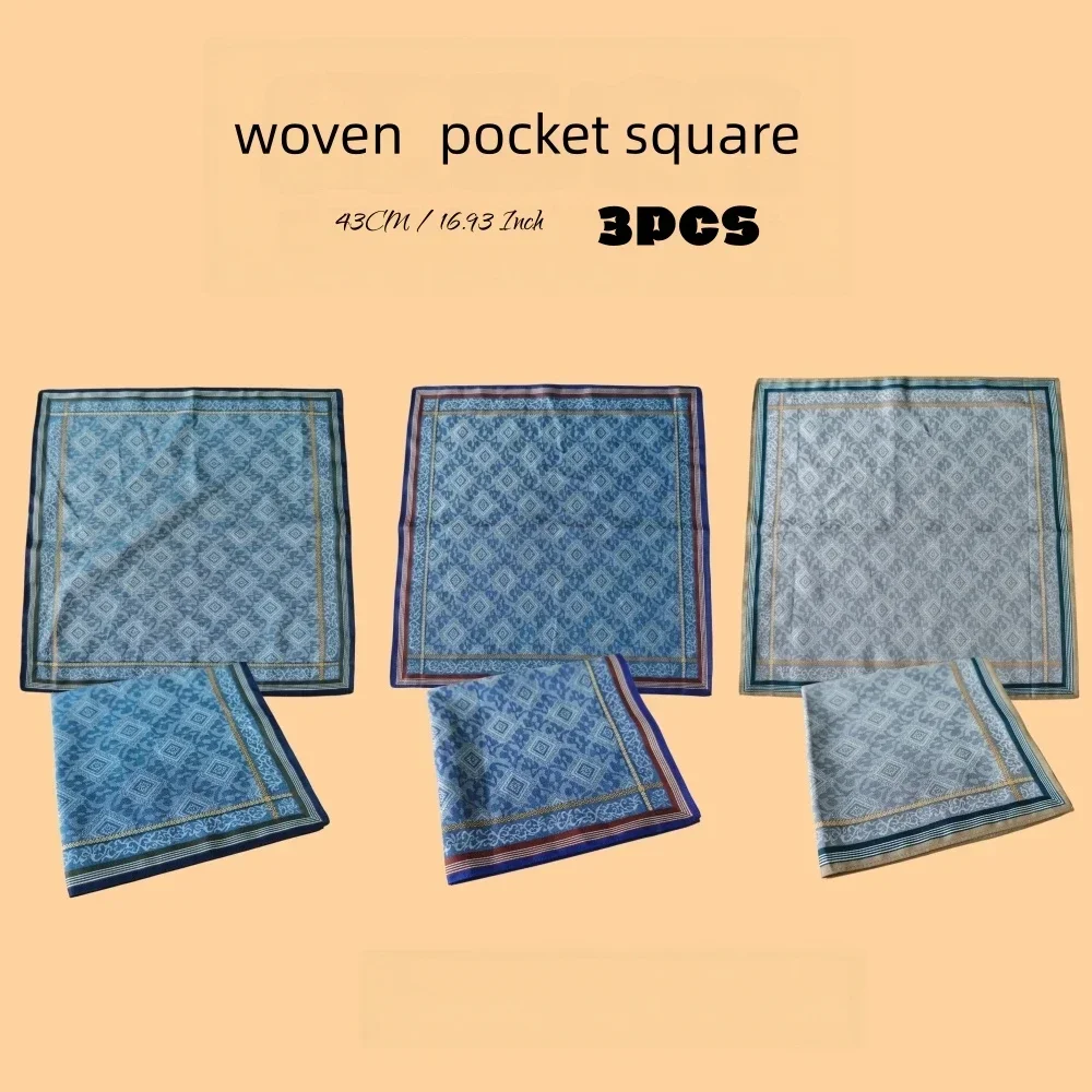 43CM 100% Cotton Thin Single‑Sided Jacquard Woven Handkerchief Soft Color‑Woven Pocket Square Men Women Daily Wedding Party 3PCS