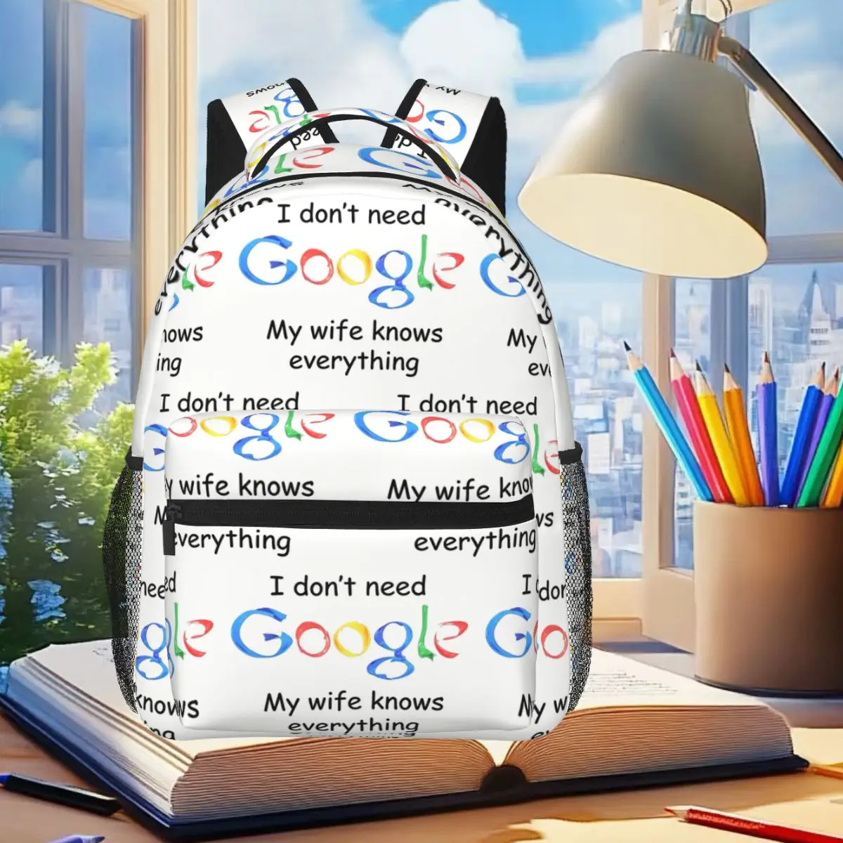 

I Don't Need Google My Wife Knows Everything Backpack Student Boys Girls BookBag School Bag Computer Shoulder Bag for Men Women