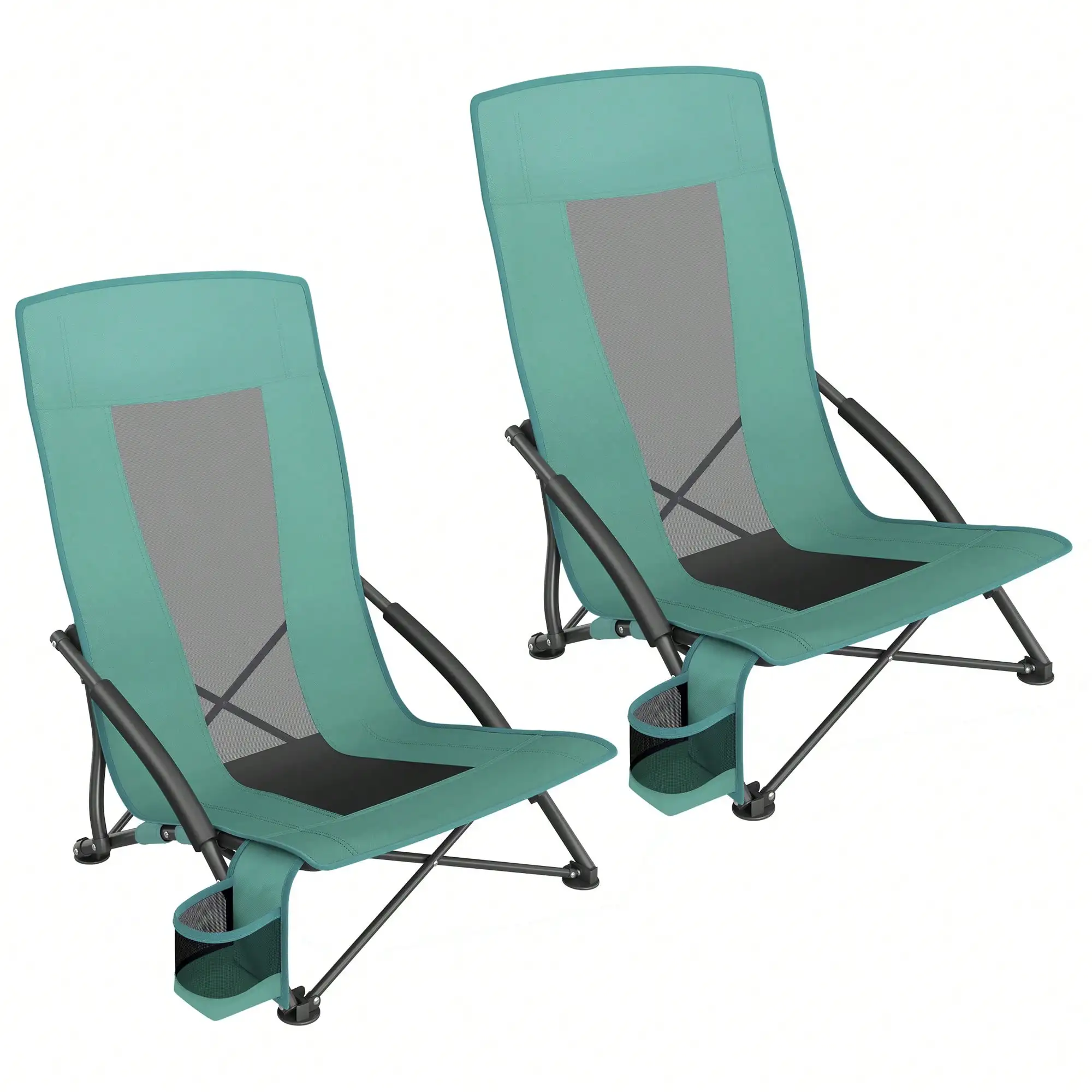 

2 Chairs Built Tough, High Backrest with Cup Holder, Lightweight Portable Folding Seats for Beach Camping, Multiple Colors