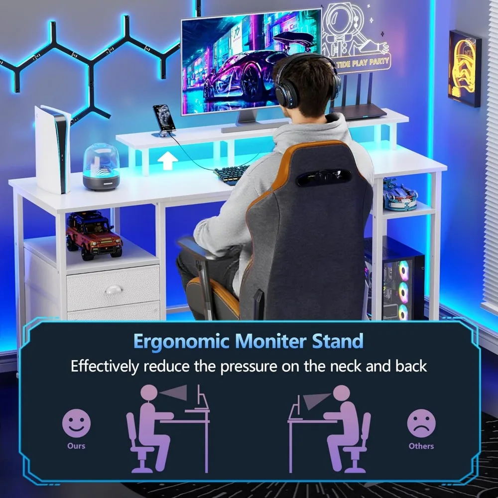 Reversible Gaming Desk with Power Outlet, LED Lights, File Cabinet, and Monitor Stand for Home Office Use