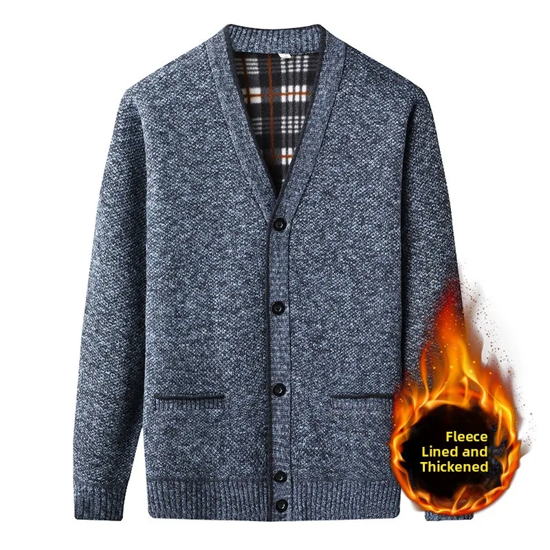 

Thickened Fleece Winter Knitted Button Cardigan Sweater for Middle-Aged And Elderly Men Dad Clothes Outerwear Polyester Fiber