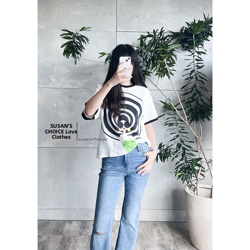 

Susan Faion Casual Cotton ort Sve T-irt White Head Cartoon Pattern All-Match Leisure Summer Top for Young Women