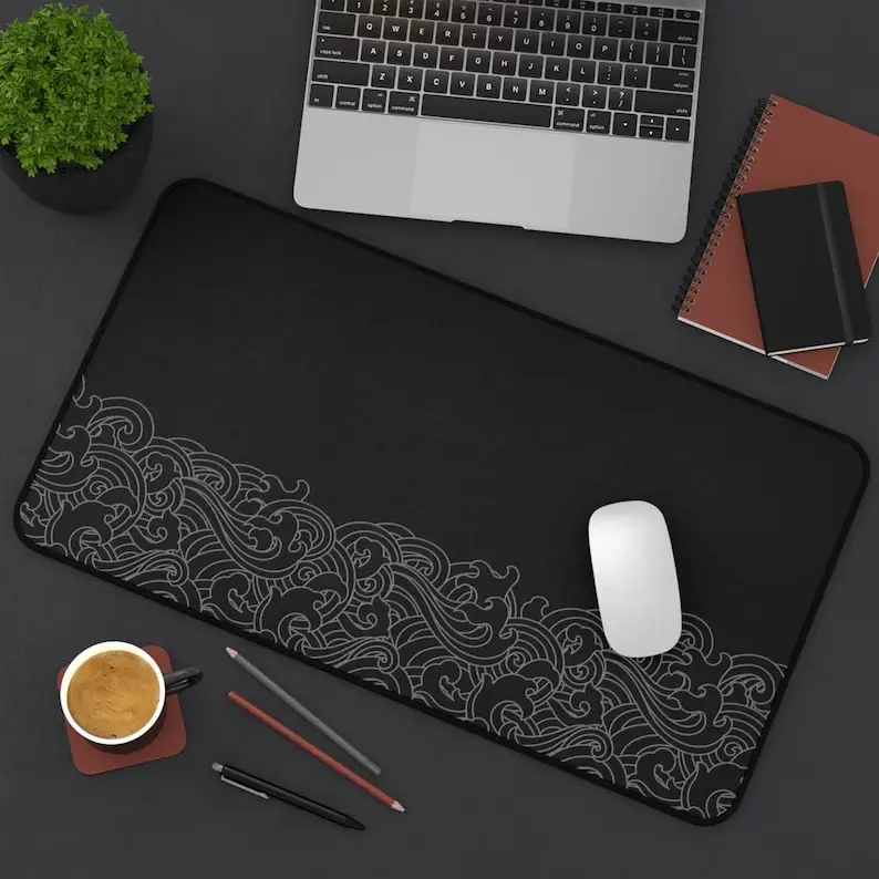 Japanese Black Wave Desk Mat, Non-slip and Waterproof Gaming Mouse Pad, Minimalist Office Decor Mat, A Perfect Gift for Friends.
