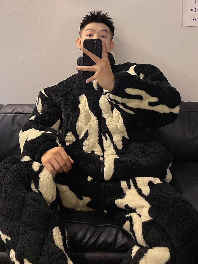 

DAIMELU premium pajamas men's sleepwear winter three-layer padded coral fleece piled thickened warm flannel loungewear set male