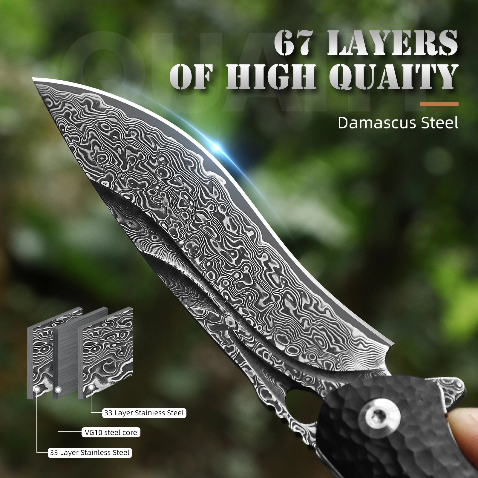 VG10 Damascus Steel Folding Knife Tactical Hunting Pocket Knife Self Defense Camping EDC Knives with Clip and Sheath for Men