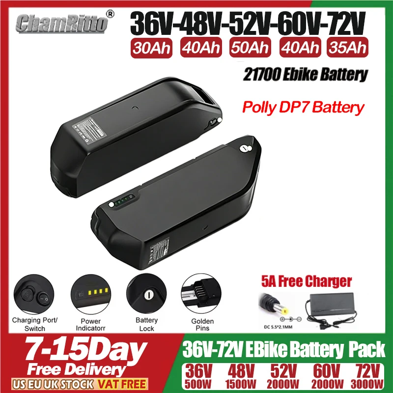 

Electric bike 48v cham-rider 50ah Battery Hailong Polly 36v 52v 60v 72V 25ah 30ah 40ah 60AH eBike Fat-bike Bafang 72V 3000W kit