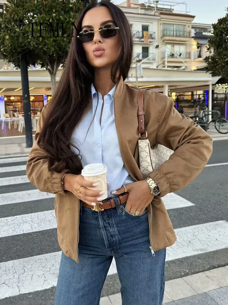 New Causal Zipper Bomber Jackets For Women High Street Loose O-neck Long Sleeve Coats Vintage Solid Outwear 2026 Autumn