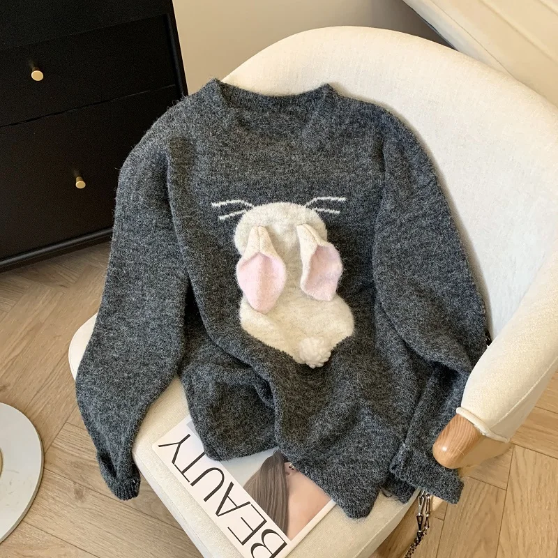 

Women's Grey Pullover Loose O-Neck Long Sleeve Cute Rabbit Knit Sweater Harajuku Vintage 2000s Sweater Cutecore Clothes Autumn