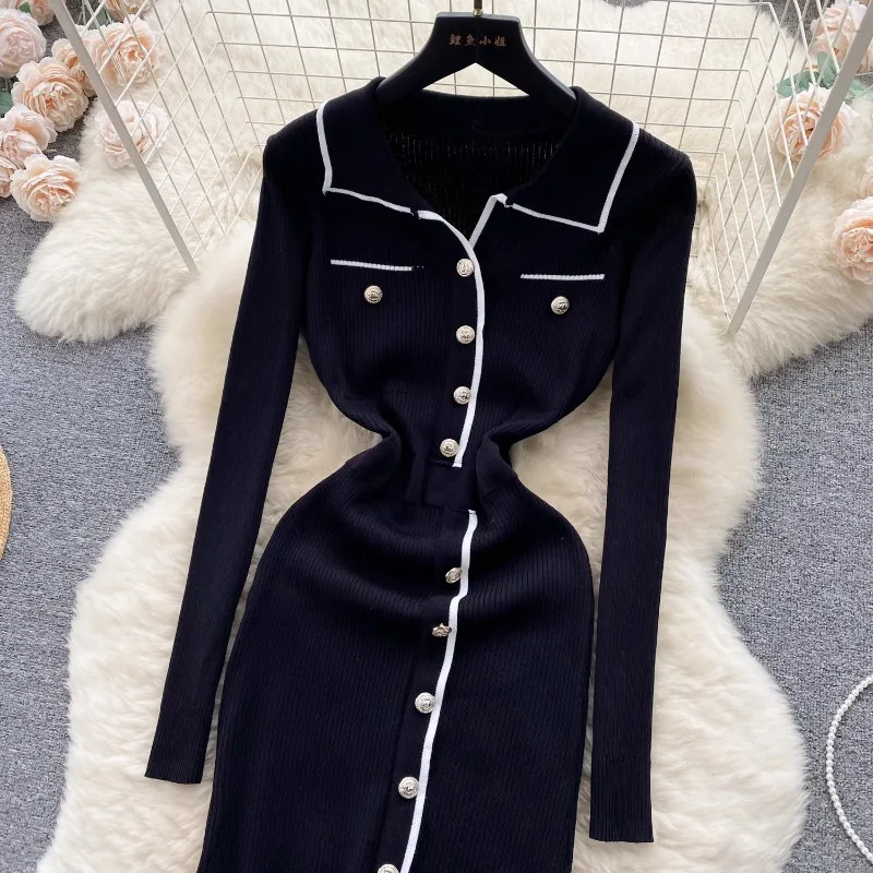 2024 Autumn Winter Slimming Sexy Slimming Vestidos Femme Lapel Contrasting Color Single Breasted Waist Cinching Slit Knit Dress