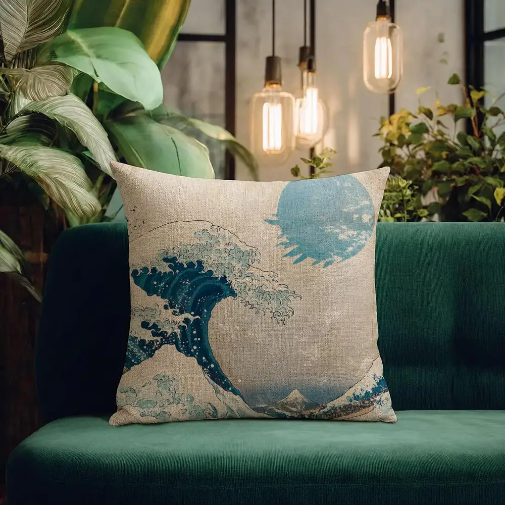 Art Ukiyo-e Cushion Cover Natural Linen Pillowcase Set All-in-One Decor Cushion Cover for Sofa Bedroom Chair