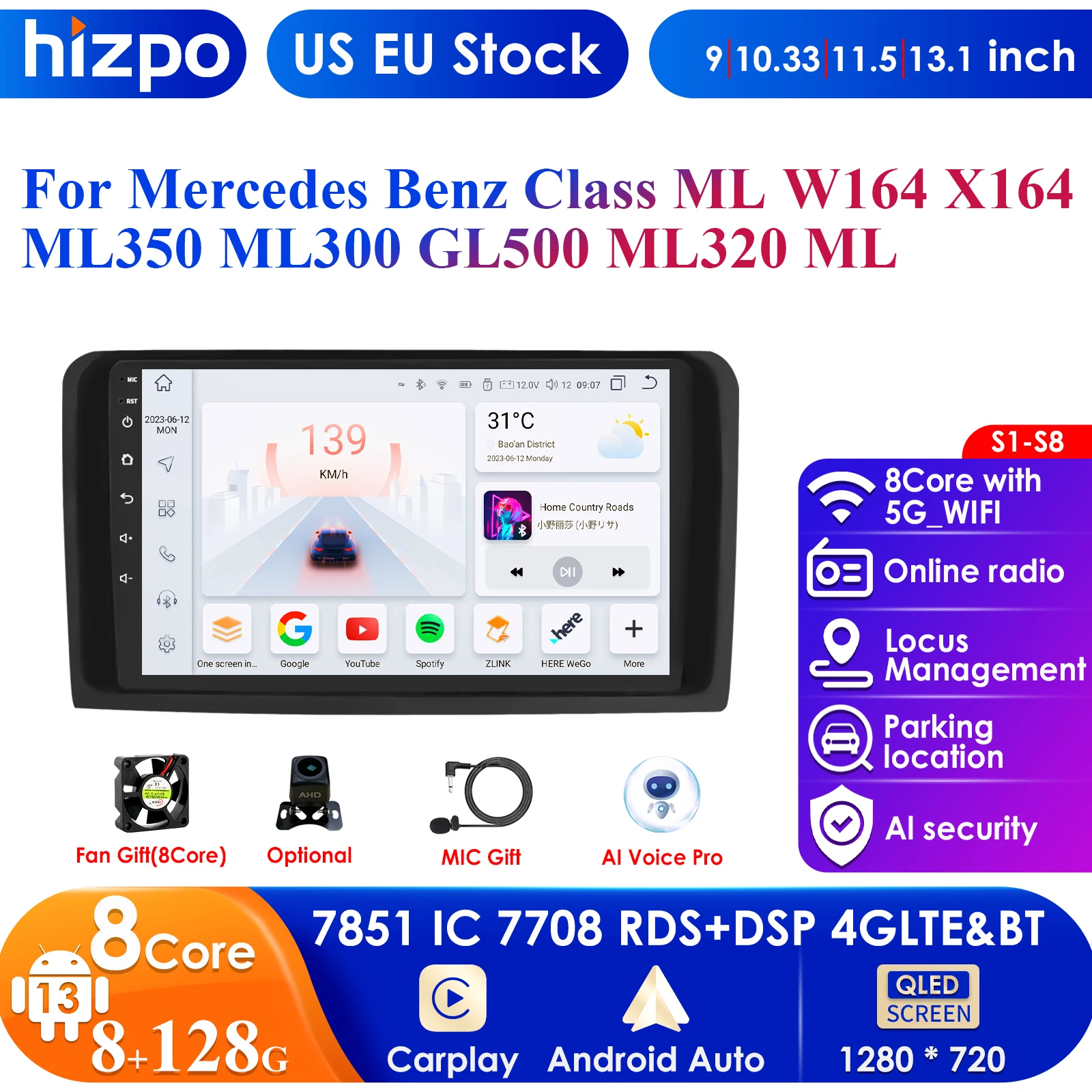 Hizpo 4G 9'' Pro AI 2Din Android 13 Car Radio For Mercedes Benz M-Class W164 GL-Class X164 ML GL Multimedia Video Player 7862 PC