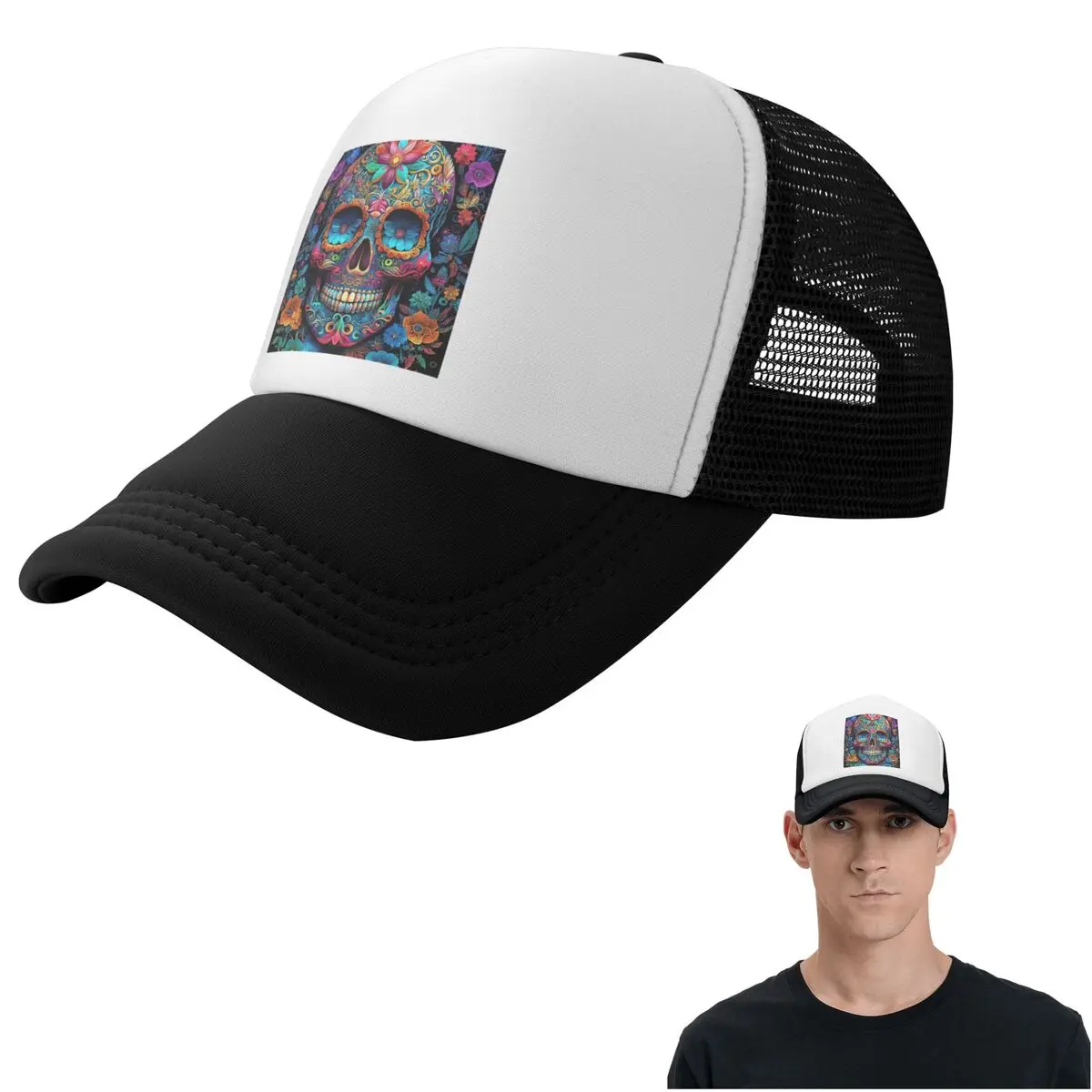 Mexican Skull Calavera Illustration (4) Cap Fashion Mesh Baseball Caps Adjustable Hat Hip Hop Summer Unisex Baseball Hats