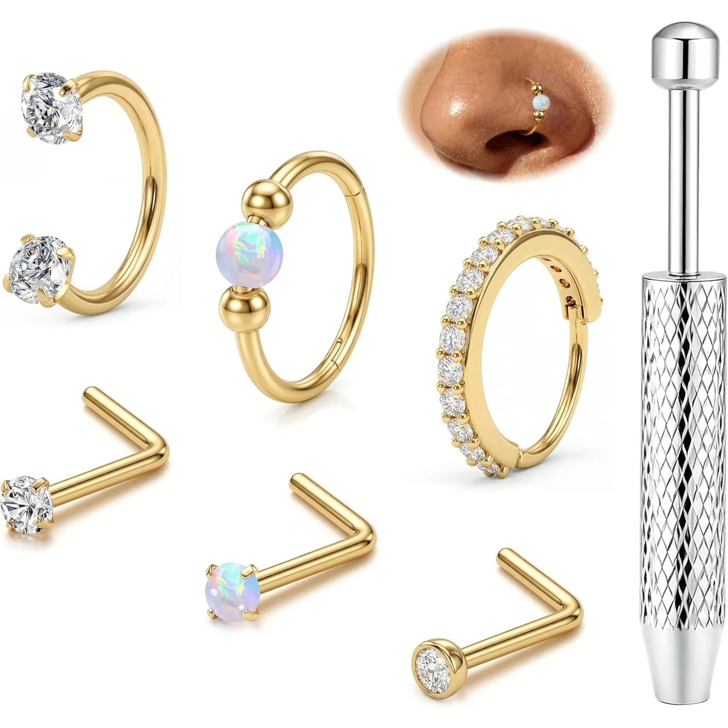 Florideco Anneaux de nez pour femmes en acier inoxydable, anneaux fer à cheval, clous de nez, opale CZ, plaqué or 14K, bijoux de piercing hélix et narine