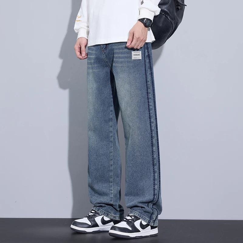 2024 New Men's Fashion Jeans Korean Style Solid Color Loose Straight Wide Leg Casual Denim Long Pants Classic Style Male