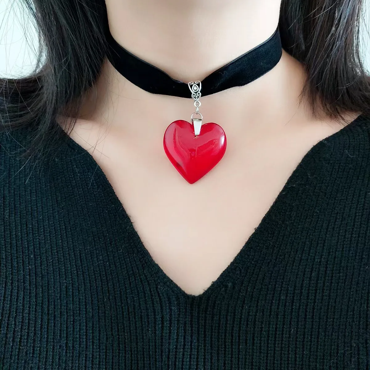 Gothic Fashion Versatile Red Heart Gem Cross Black Velvet Necklace Dark Style Collar Neck Accessory