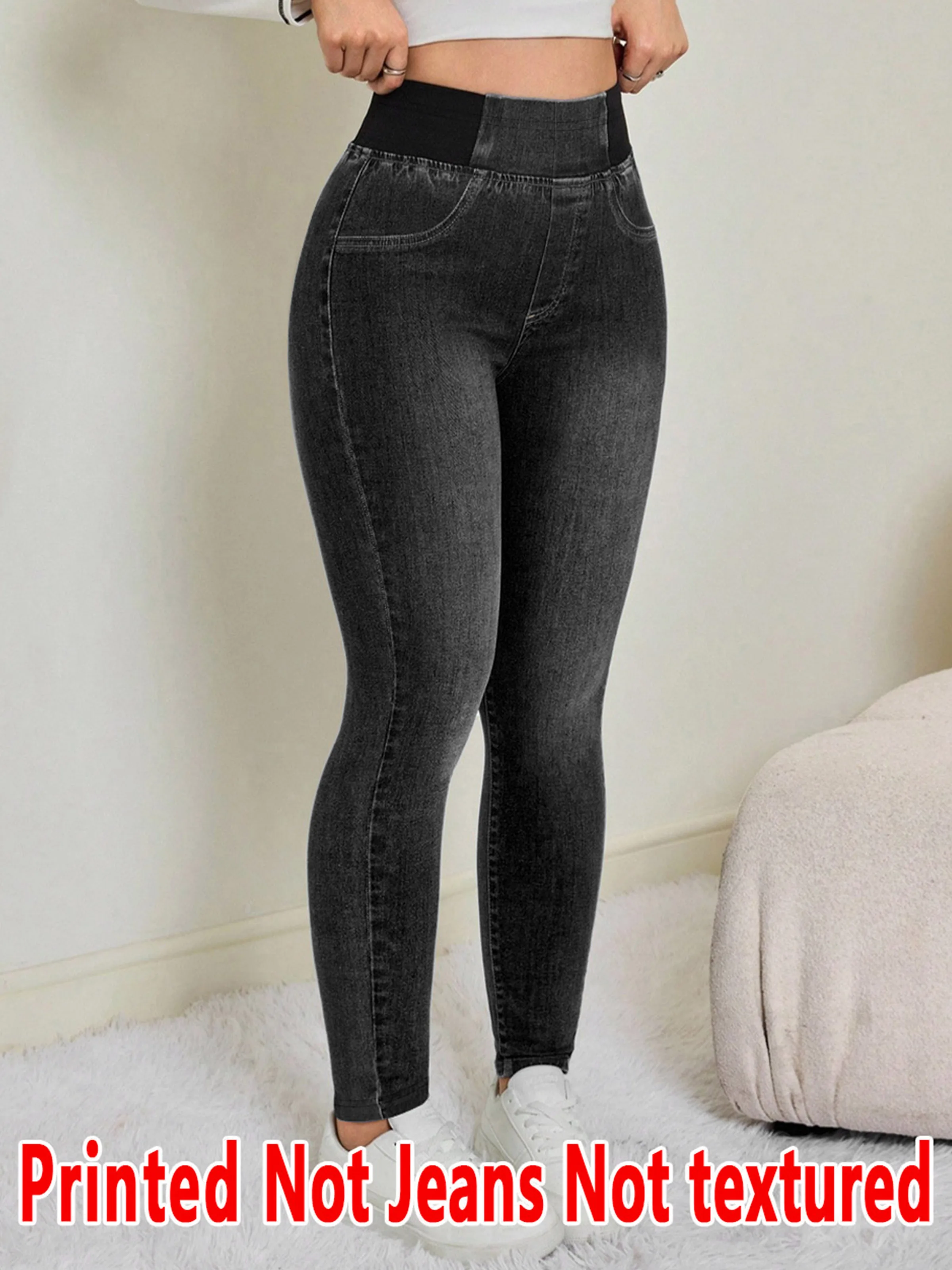 1563 Ladies Non-Leather Denim Fabric Long Pants Spring Summer Autumn Winter Print Base Layer Pants Versatile All-Season Wear