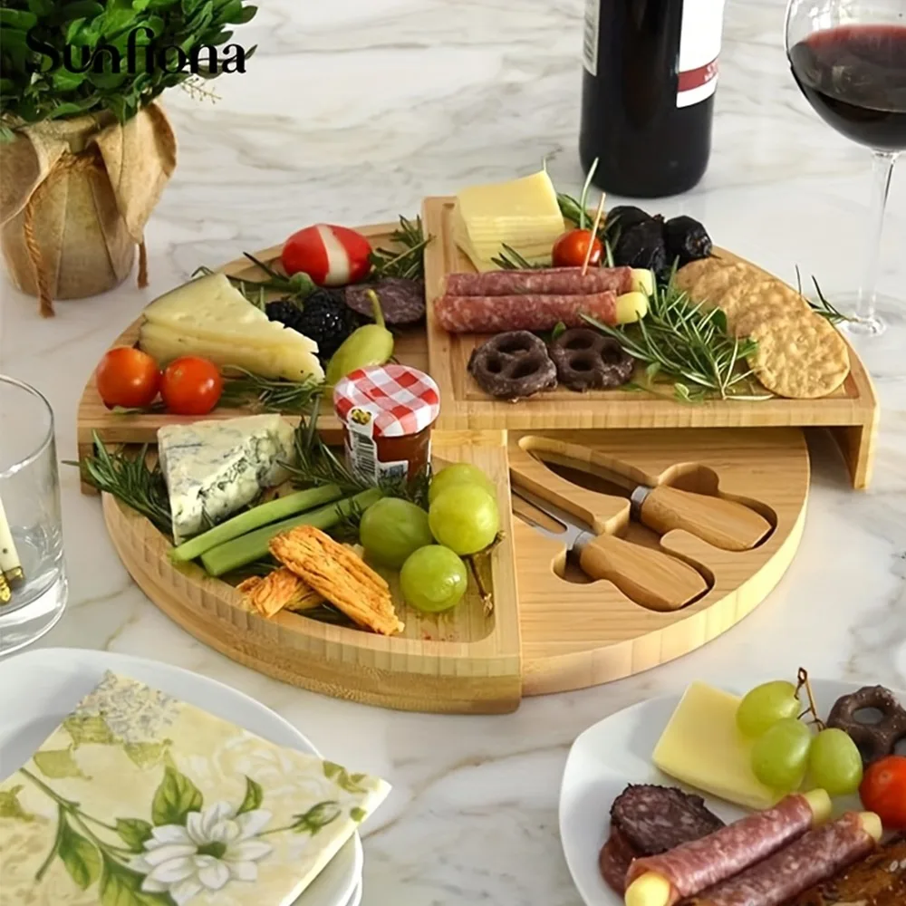 Plateau de service rond pliable en bambou, plateau multi-compartiments avec 2 couteaux en acier inoxydable pour fête, pique-nique, camping, mariage, cadeau de pendaison de crémaillère