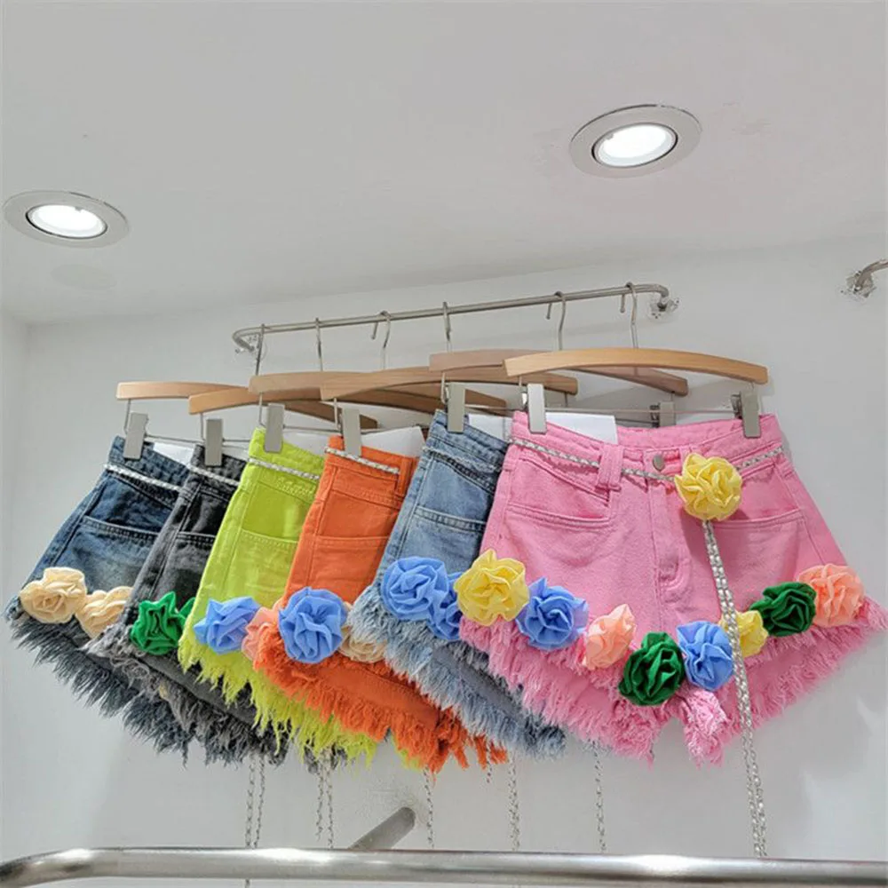 

Japanese Style Ruffles Sweet Denim Shorts Women's Summer 3D Flower Pocket Short Jeans Lady High Waist A-line Wide Leg Hot Pants