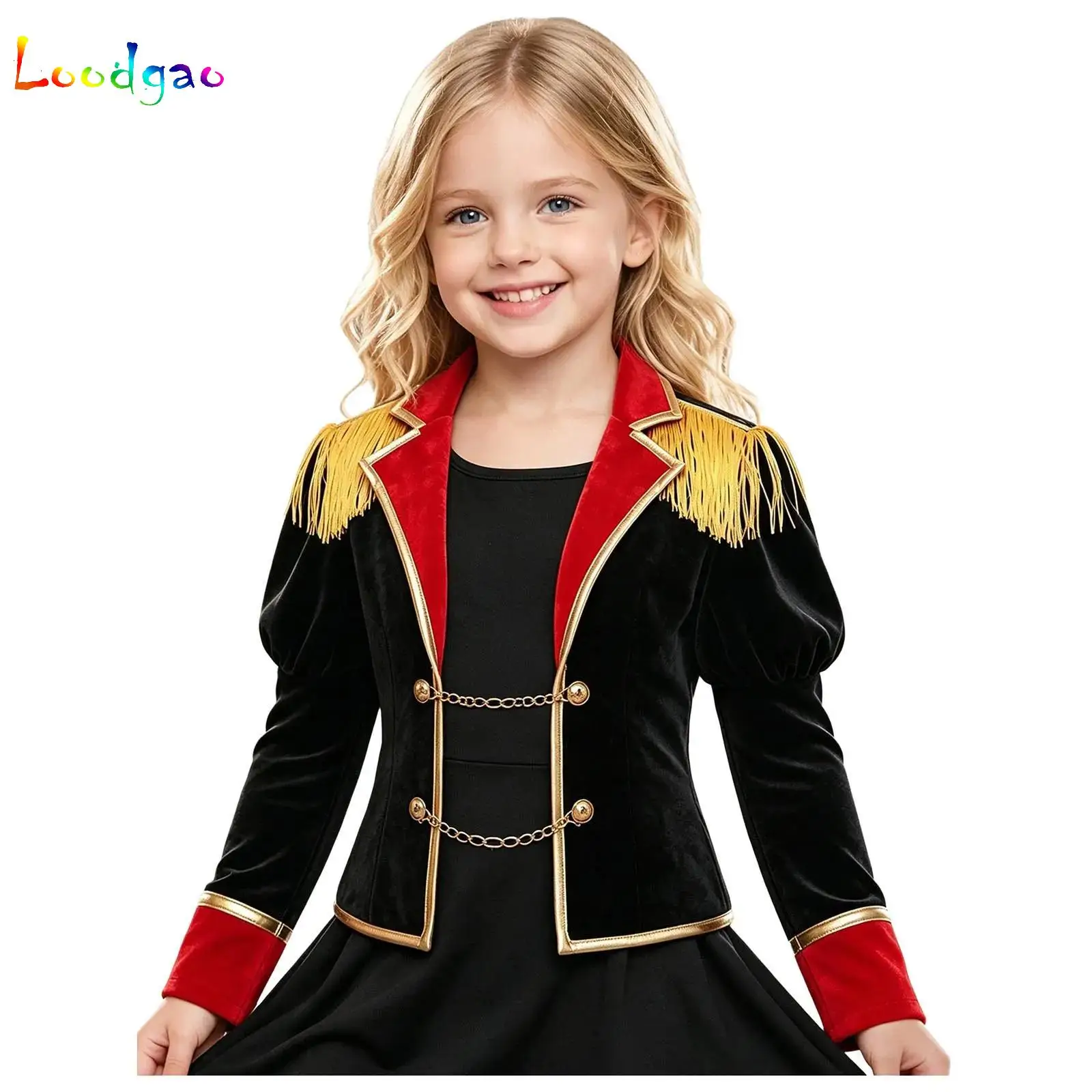 Kids Girls Coat Lapel Long Puff Sleeve Fringe Epaulet Metal Chain Jacket Circus Ringmaster Costume Carnival Dress Up Clothes