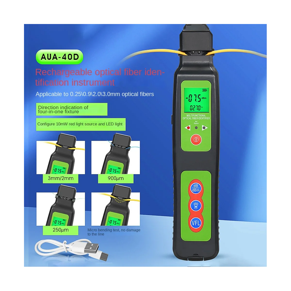 COMPTYCO AUA-40D(Charging) Optical Fiber Identifier + 10Mw VFL + LED Lighting, Live Fiber Identifier Detector