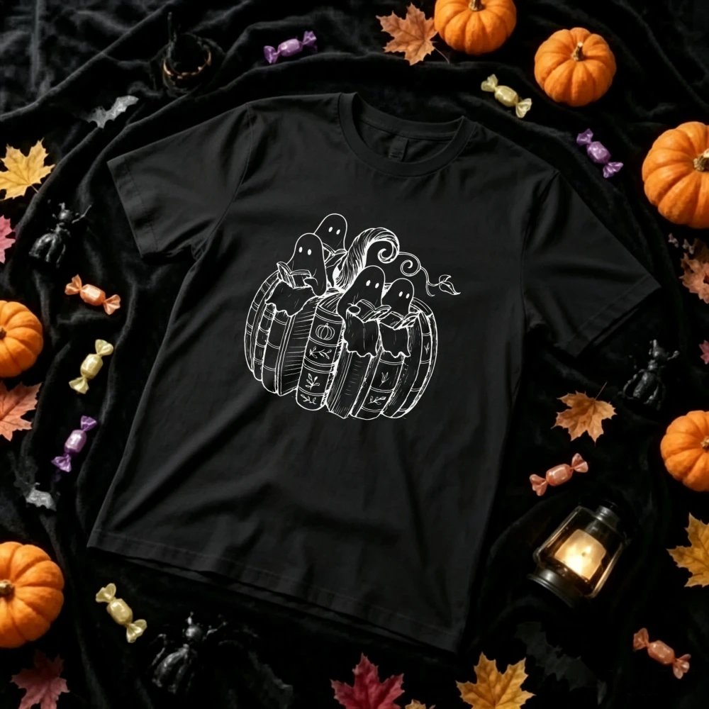 Halloween Line‑Art Pumpkin Ghost Graphic T‑Shirt Minimal Sketch Cute Little Ghosts Inside Pumpkin Print Crew Neck Casual Tees