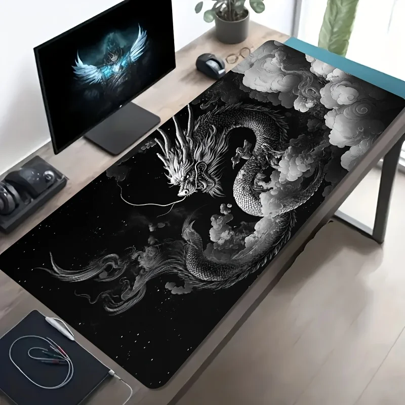 Black White Dragon Cloud Ink Wash Extended Gaming Mouse Pad Non-Slip Desk Mat for Office Decor