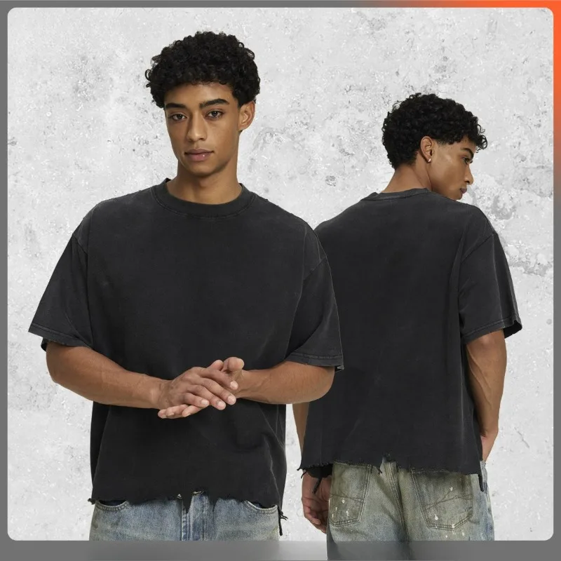 Men's Wear High-quality Pure Cotton Distressed Short-sleeved Men's T-shirt Retro Street Destruction