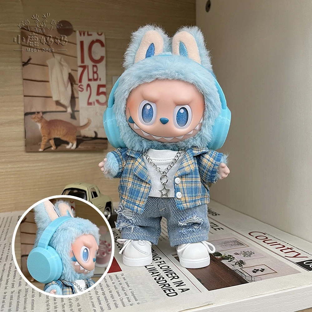 

Labubu 1st To 3rd Gen Outfit Accessories Trendy Street Style Plaid Jacket Ripped Jeans Fisherman Hat Set For 15/17Cm Cute Dolls