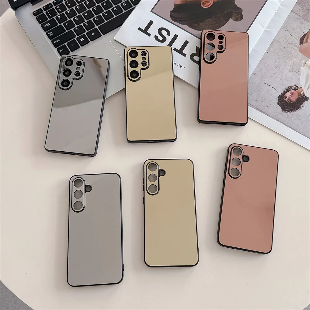 Luxury Make UP Mirror Phone Case For Samsung Galaxy S25 S24 S23 S22 Ultra Plus FE Shockproof Plating Black Frame Cover Bumper