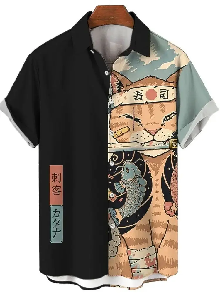 Men's Patchwork Printed Short Sleeve Shirt Fashion Urban Style Polyester Fabric Deconstructed Design Easy Care for Daily Wear