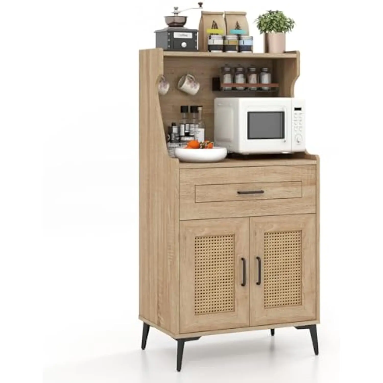 

45.5” kitchen pantry cabinet, buffet sideboard w/hutch, pvc rattan door, diy pegboard, drawer, adjustable shelf, metal legs, mi