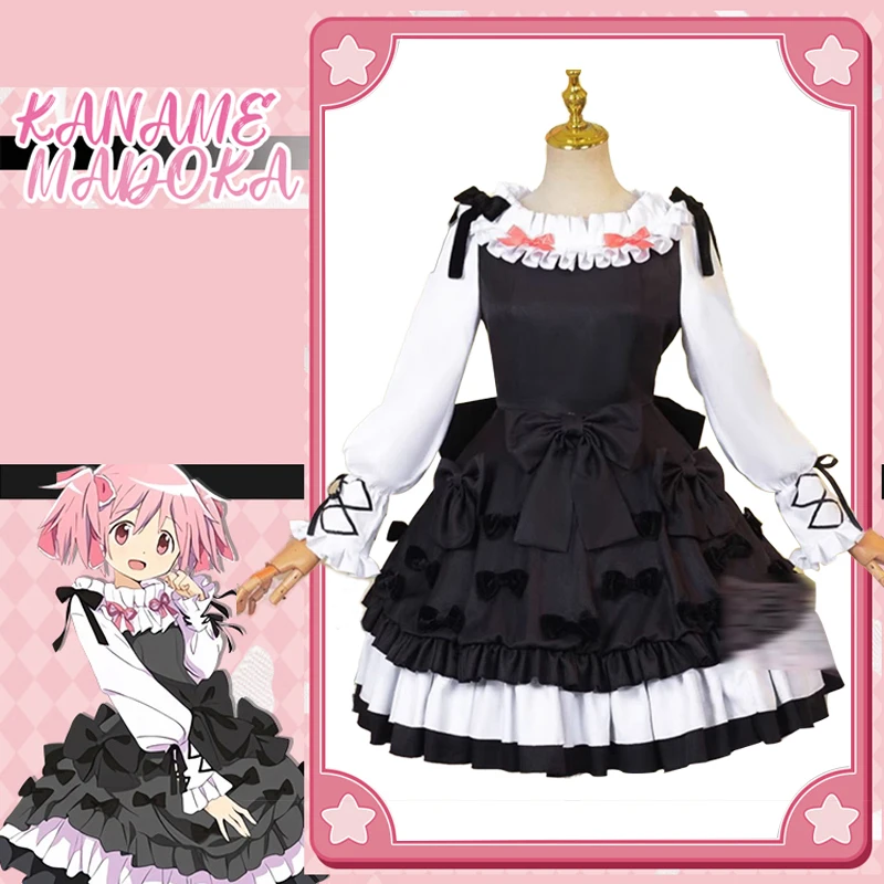 

The Kaname Madoka Cosplay New Costume Anime Same lovely Clothing Black Bow Female long sleeves Gray Dress