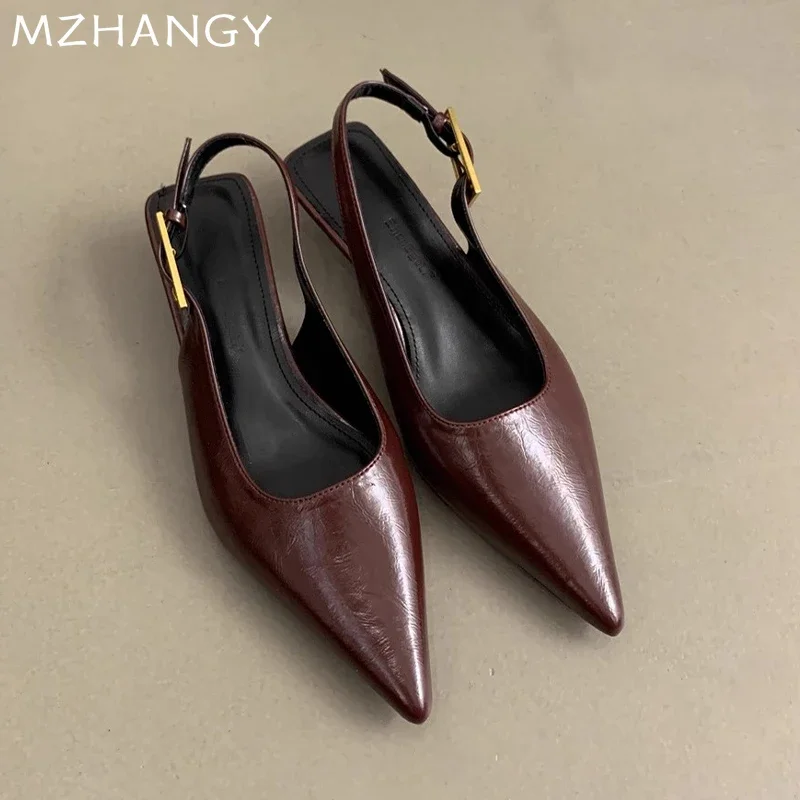 Pointed Toe รองเท้าส้นสูงกลางรองเท้าแตะ Elegant ตื้นรองเท้าผู้หญิง 2025 แฟชั่น Slingback รองเท้าแตะฤดูร้อนปั๊มชุด Mujer De Zapatillas