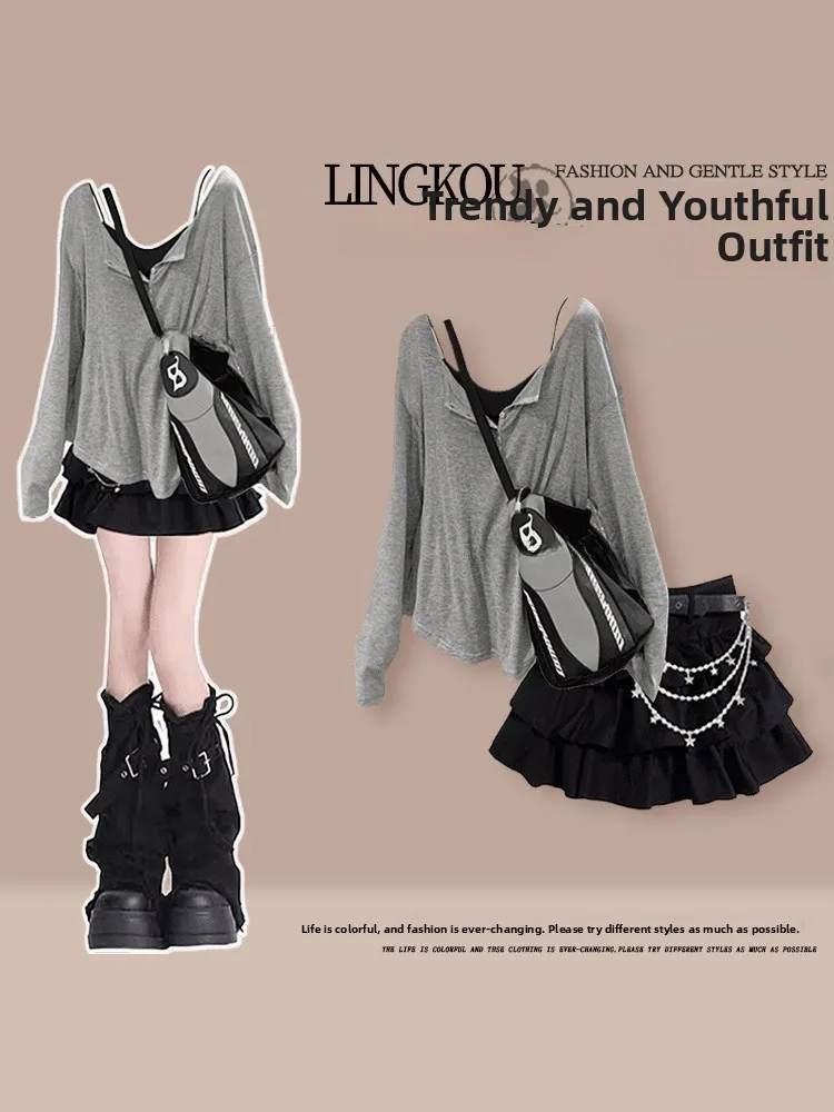 

Корейский стиль: женский комплект из трех предметов больших размеров, осенняя модная пышная юбка-кейк, топ на бретельках, элегантный, омолаживающий, скрывающий недостатки фигуры