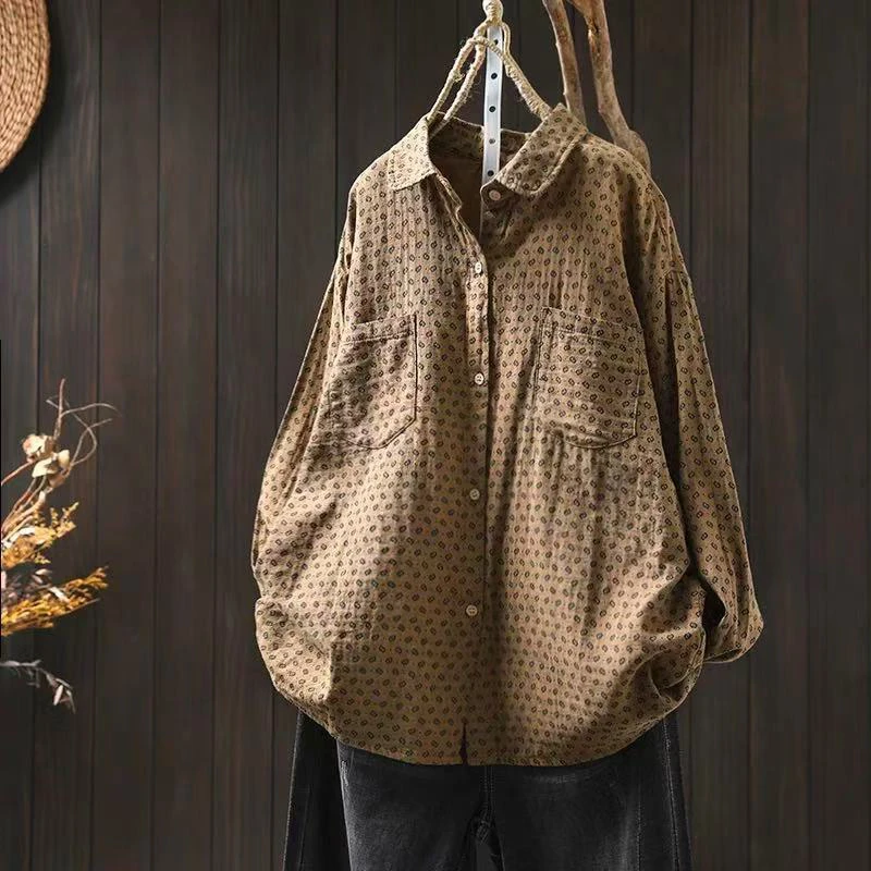 

100% хлопок, женская повседневная рубашка с длинным рукавом, Новое поступление, весна 2025, винтажный стиль, свободные женские топы с двойными карманами M452