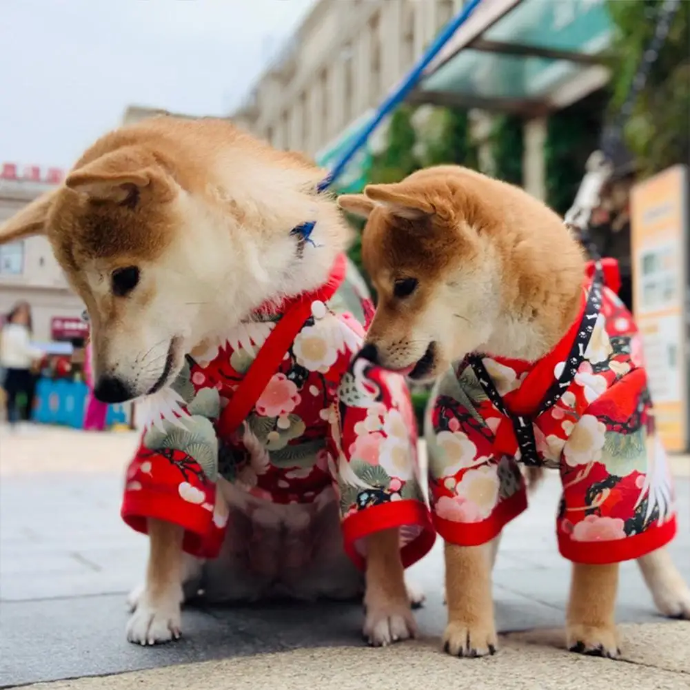 Pets Printed Kimono With Bowknot Girdle Fashionable Japanese Style Waist Magic Buckle Neckline Snap Buttons Clothes For Dogs Cat