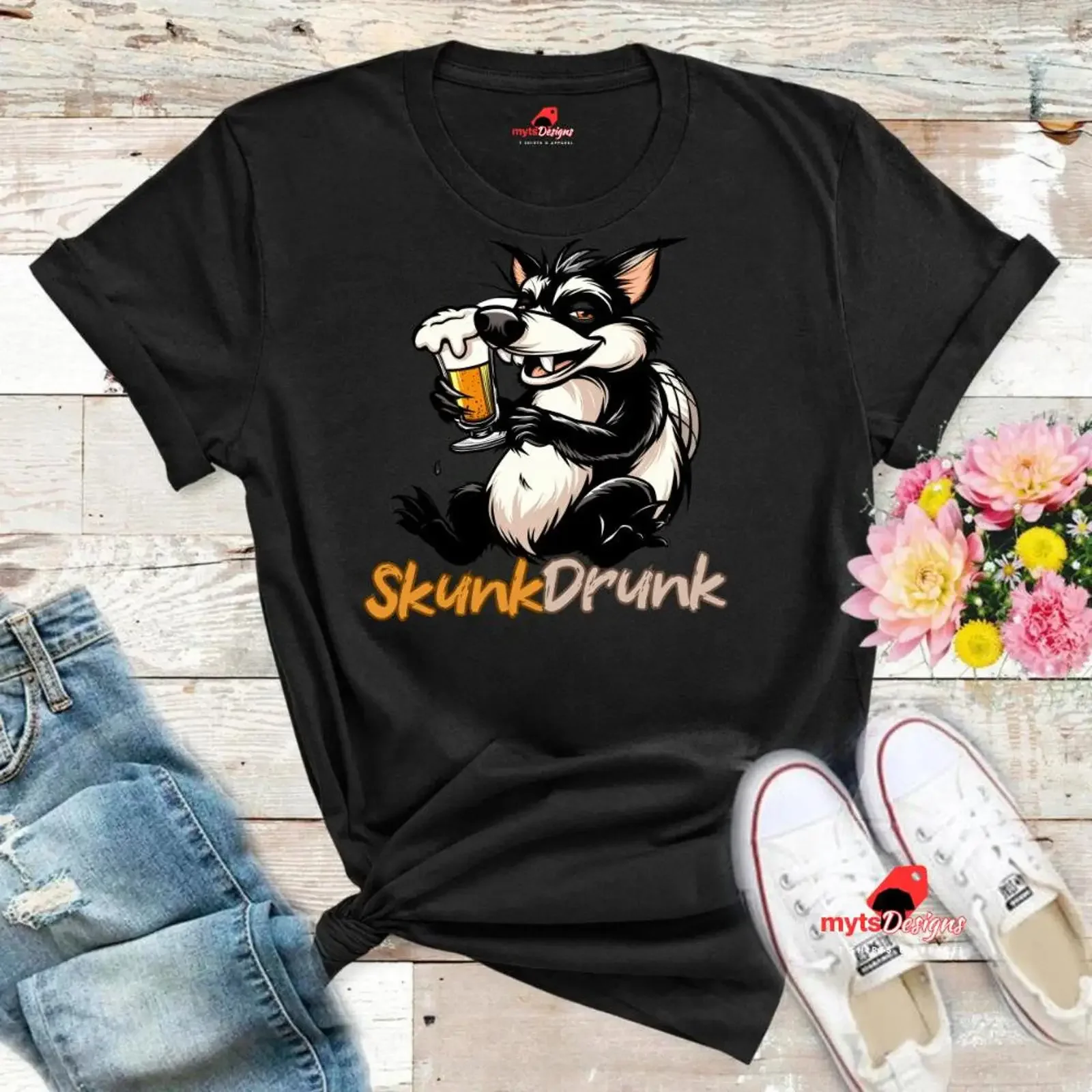 Funny Skunk Drunk Party T Shirt Novelty Drinking vintage Washed Unisex Slightly Casual homme Stylish streetwear Versatile