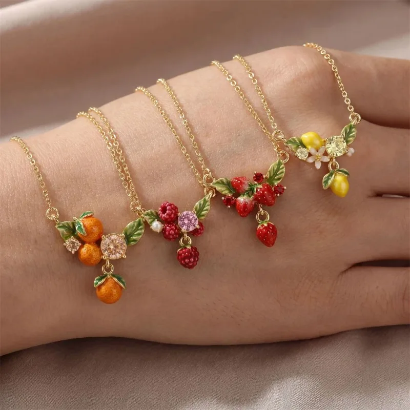 Gold Fruit Pendant Necklace, Strawberry Orange Lemon Raspberry Charm Dainty Chain Jewelry For Women