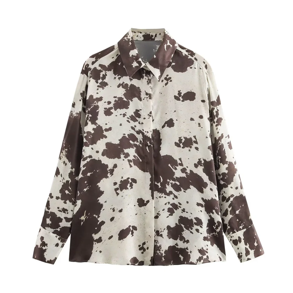   Ensemble deux pièces pour femmes, imprimé Animal, Texture soie, avec chemise à manches longues et col de jupe, vêtements élégants et décontractés, printemps 2025